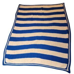 Handmade White and Blue Stripe Throw 61" x 49" Nautical Colors Pinstripe Border